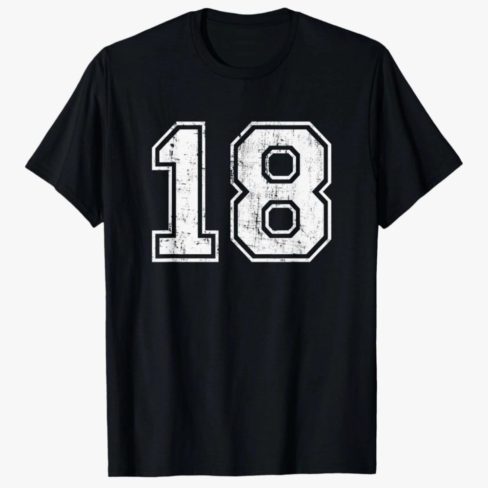 NEW Black Short Sleeve T-Shirt with White Varsity Number 18 in Men’s Size Small